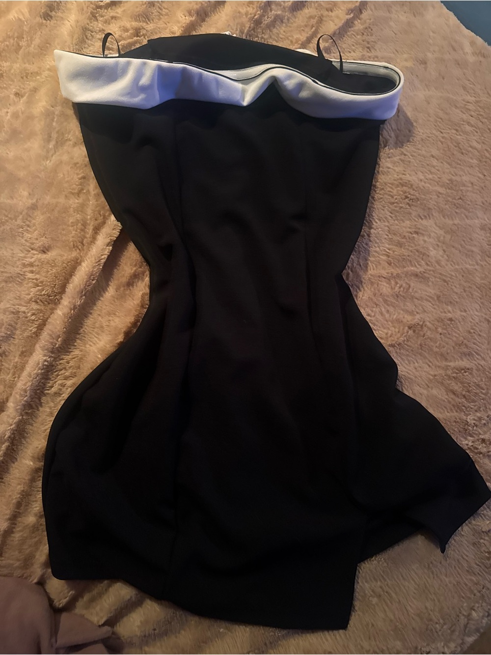 Black Strapless Fold-Over Dress with White Trim